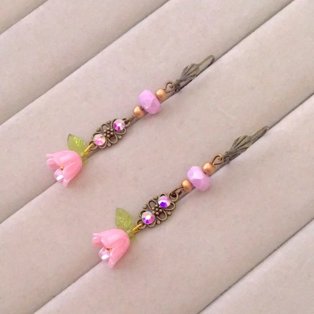Aurora Borealis Crystal + Antique Brass Gold Pink Flower Boho Drop Earrings